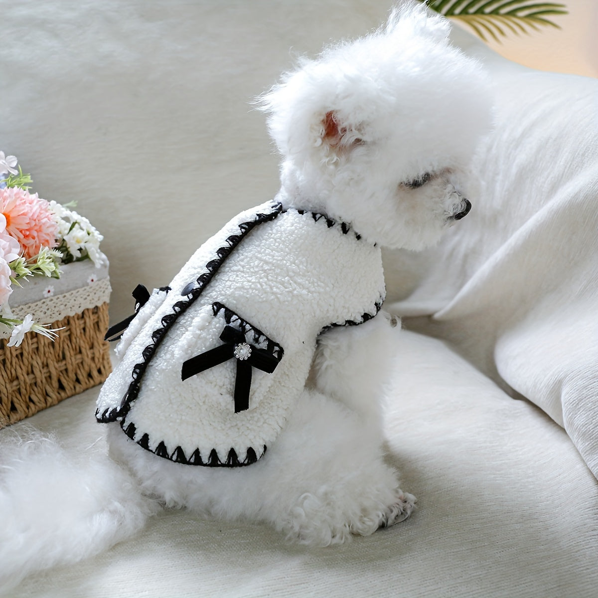 Polyester Knit Small Dog Vest Sweater Coat - Bow Detail, Press Stud Closure - Pet Apparel for Bichon Frise, Pomeranian, Schnauzer, Teddy Breeds - Winter and Fall Clothing