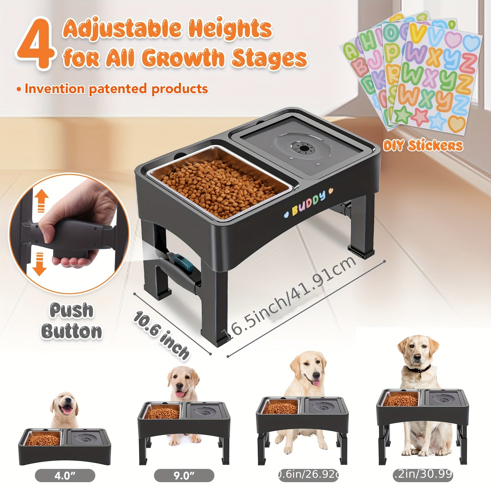 4-Height Adjustable Elevated Pet Feeding Station - Stainless Steel Food Bowls, Slow Feeder & No-Spill Water Bowl Set for Medium & Large Dogs - Neck Protection