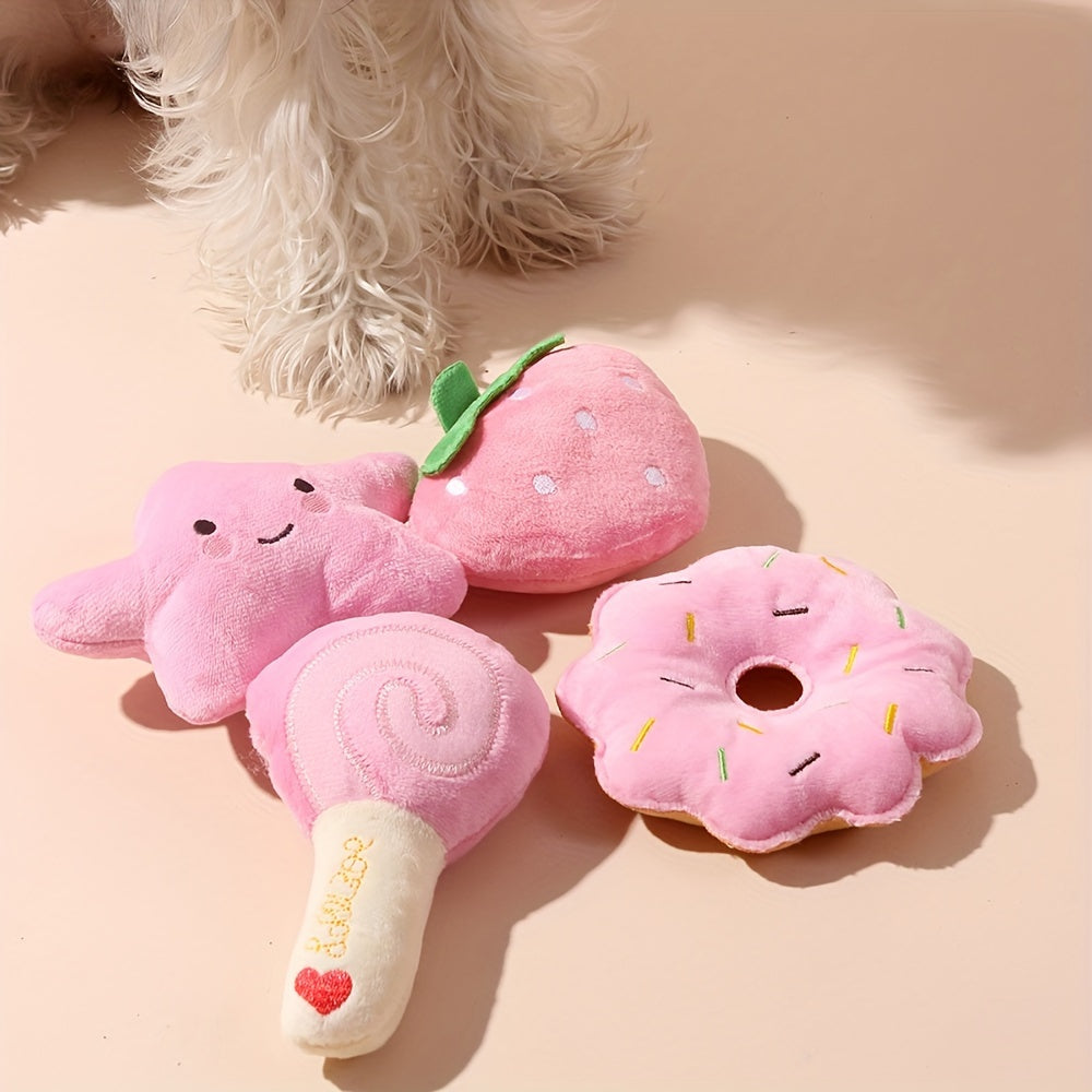 4pcs Fruit & Veggie Plush Squeaky Dog Toys - Strawberry, Lollipop, Star, Donut Designs - Soft Fabric Chew & Teething Toys for Small Breeds - Interactive Playtime Companions for Cats & Dogs, Pet Toys