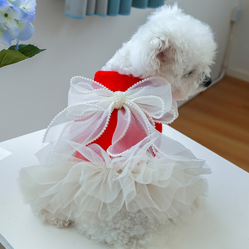 Chic Pearl-Embellished Lace Dog Dress - Princess Style Pet Apparel for Small Breeds, Includes Pomeranian & Yorkie Designs