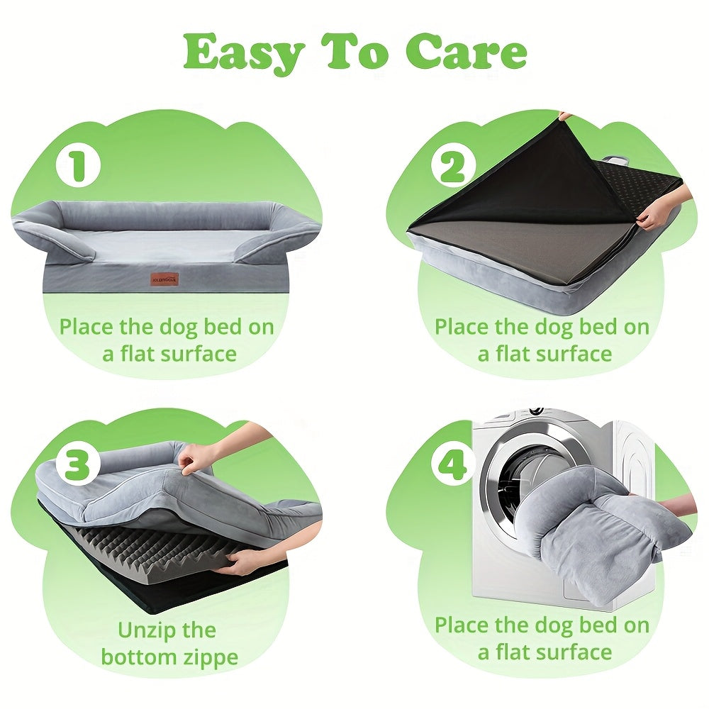 1pc Dog Bed - 100% Supportive Foam - Extra Large Dog Sofa Pet Bed with Removable Washable Cover and Soft Lining & Non-Slip Bottom - Grey, Available in 3 Sizes - Perfect Gift for Your Furry Friend, Ideal for Year-Round Use in