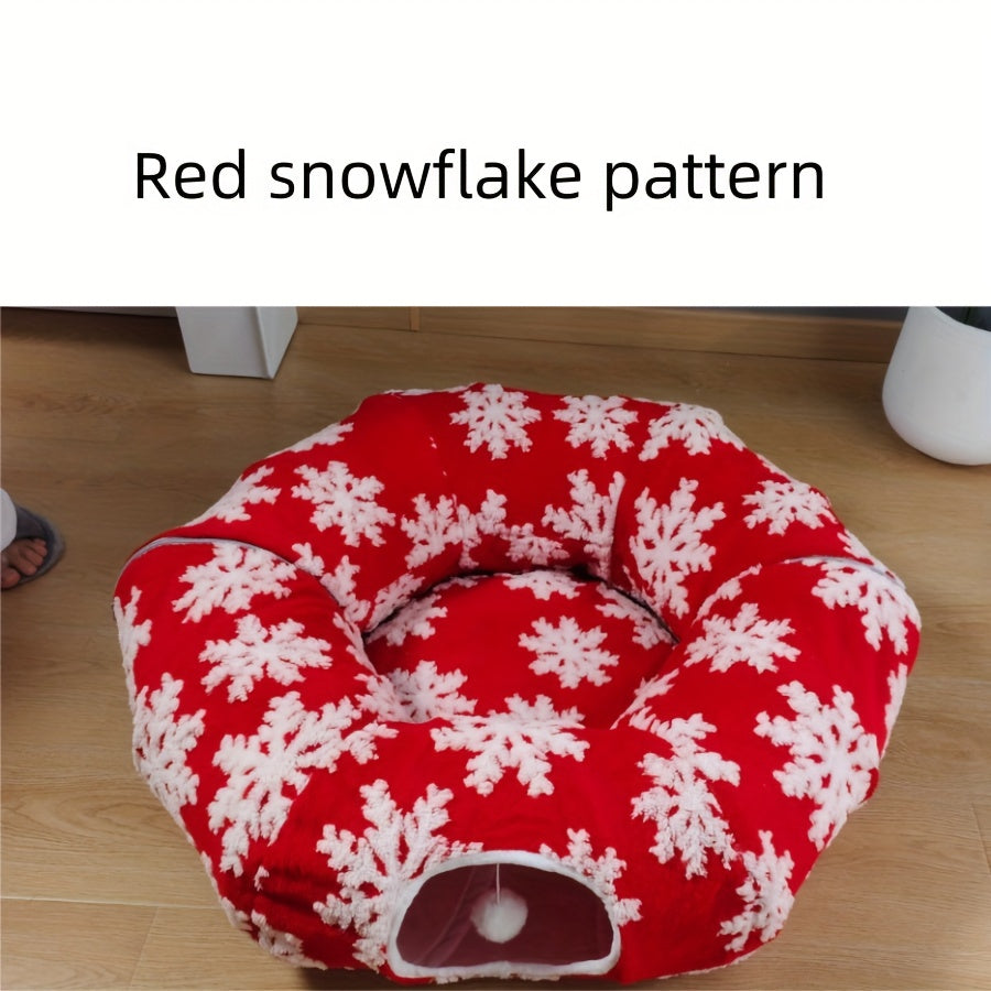 Christmas Cat Tunnel & Bed - Extra Large 37.01in Plush Warm Cozy Cat Bed with Expandable Donut, Snowflake Pattern, Holiday Theme, Anxiety Relief, Indoor Use, Red & Green, Cat Bed for Indoor Cats, Festive Pet Furniture, Playfu