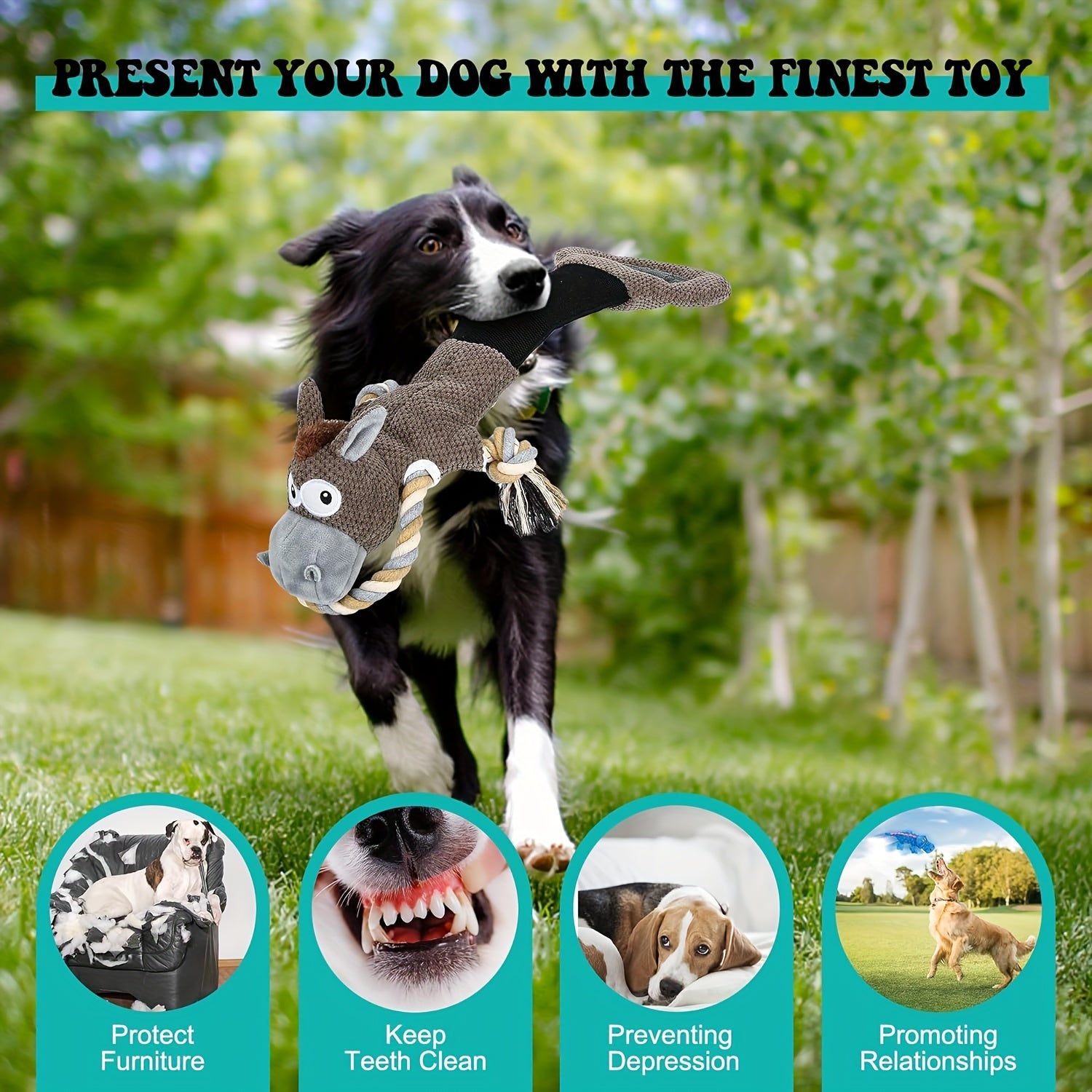 Plush Donkey Dog Toy with Double Handle and Stretchable Rope - Interactive Tug and Squeaky Pet Toy for Teeth Cleaning, Durable for Small, Medium, and Large Breeds, Without Battery