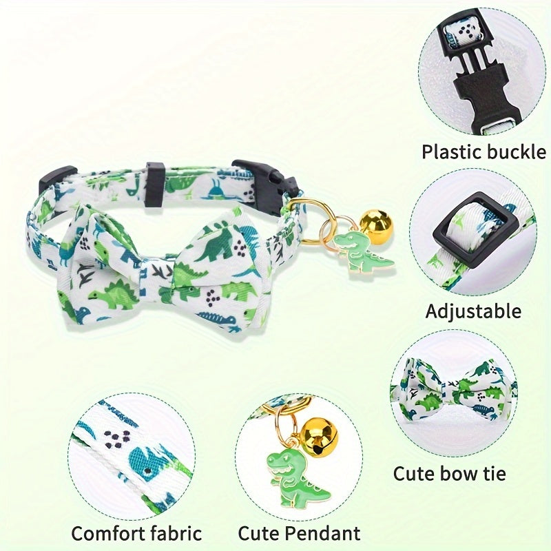Adjustable Polyester Fiber Cat Collars with Animal Print, Bow Tie & Bell Pendant - CP627 Cute Pet Collar Set with Safety Buckle & Detachable Accessories