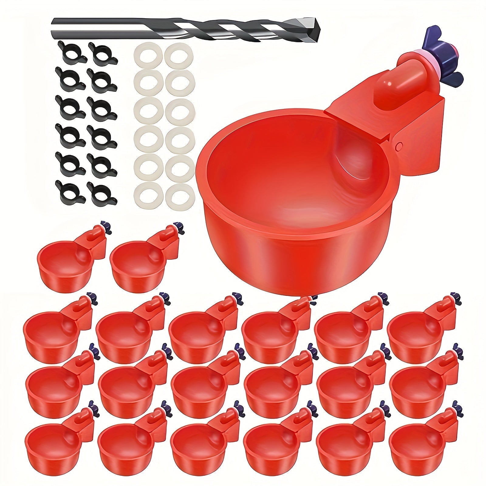 Poultry Feeder and Drinker Set, 20-Piece – Automatic Watering and Feeding System for Chickens, Ducks, Birds – Self-Regulating, Durable Plastic Design with Perforation Drill Bit and Brackets Included – Ideal for Backyard