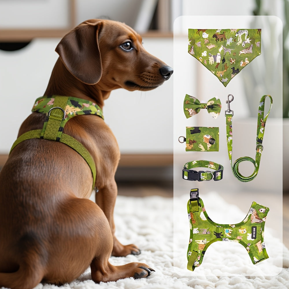 6pcs Forest Animal Print Dog Walking Set, Adjustable Pet Harness, 4ft Leash, Collar, Bowtie, Bandana, and Waste Bag Dispenser for Small to Large Dogs, Polyester Fiber, Without Battery