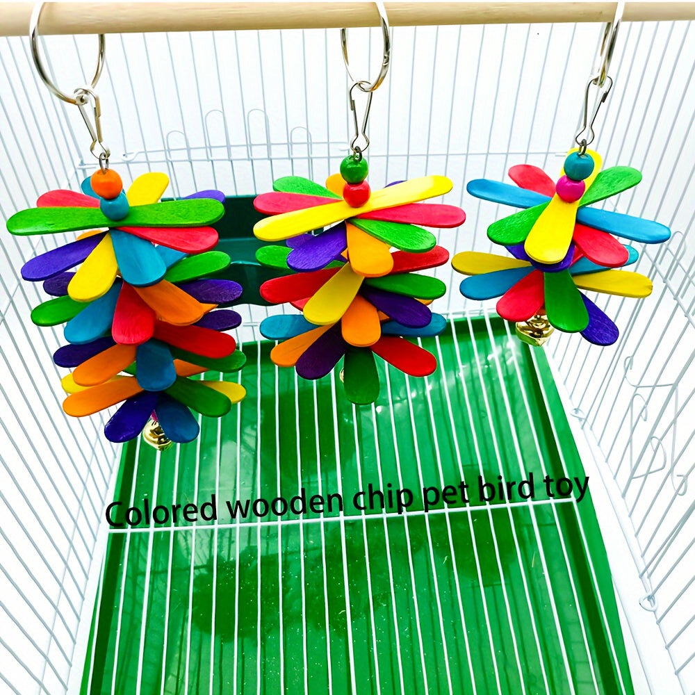 Colorful Wooden Parrot Chew Toy - Interactive Swing & Play for Birds, Cage Decor with Bell, Assorted Colors