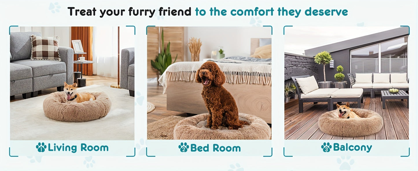 Fluffy Plush Calming Pet Bed For Dogs And Cats - Washable Anti-Slip Round Bed For Pets - Brown Color