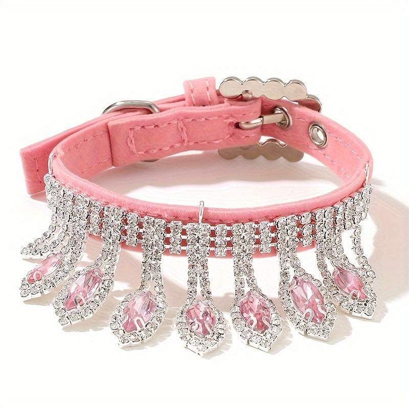 Exquisite Adjustable Jeweled Pet Collar and Leash Set - Soft Leather, Elegant Design, Hand Wash Only, Suitable for Dogs, Cats, and Small Animals