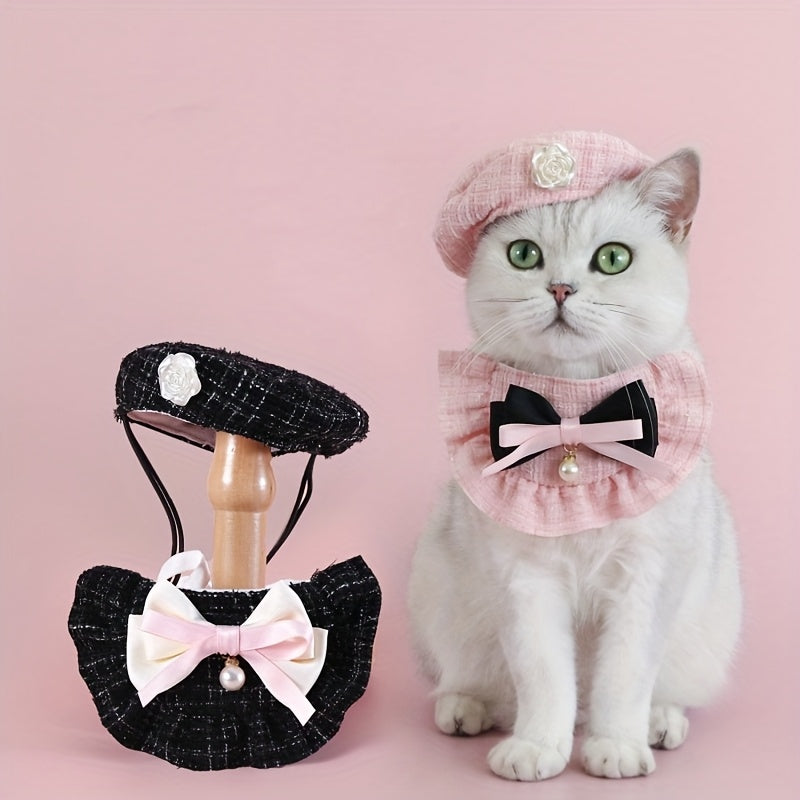 A 2pcs Set of Pet Accessories, Including One Pet Beret And One Floral Bow Tie Bib, Suitable for Cats And Small Dog Breeds Like Teddy And Pomeranian, Without Battery