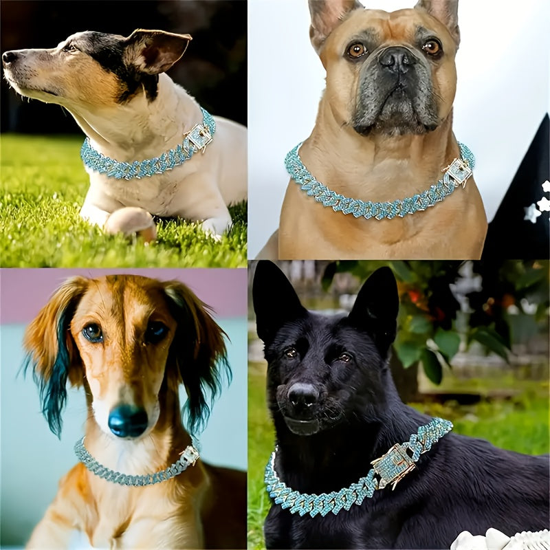 Luxury Precious Stone-Patterned Zinc Alloy Dog Necklace - Cuban Link Style Pet Collar Accessory