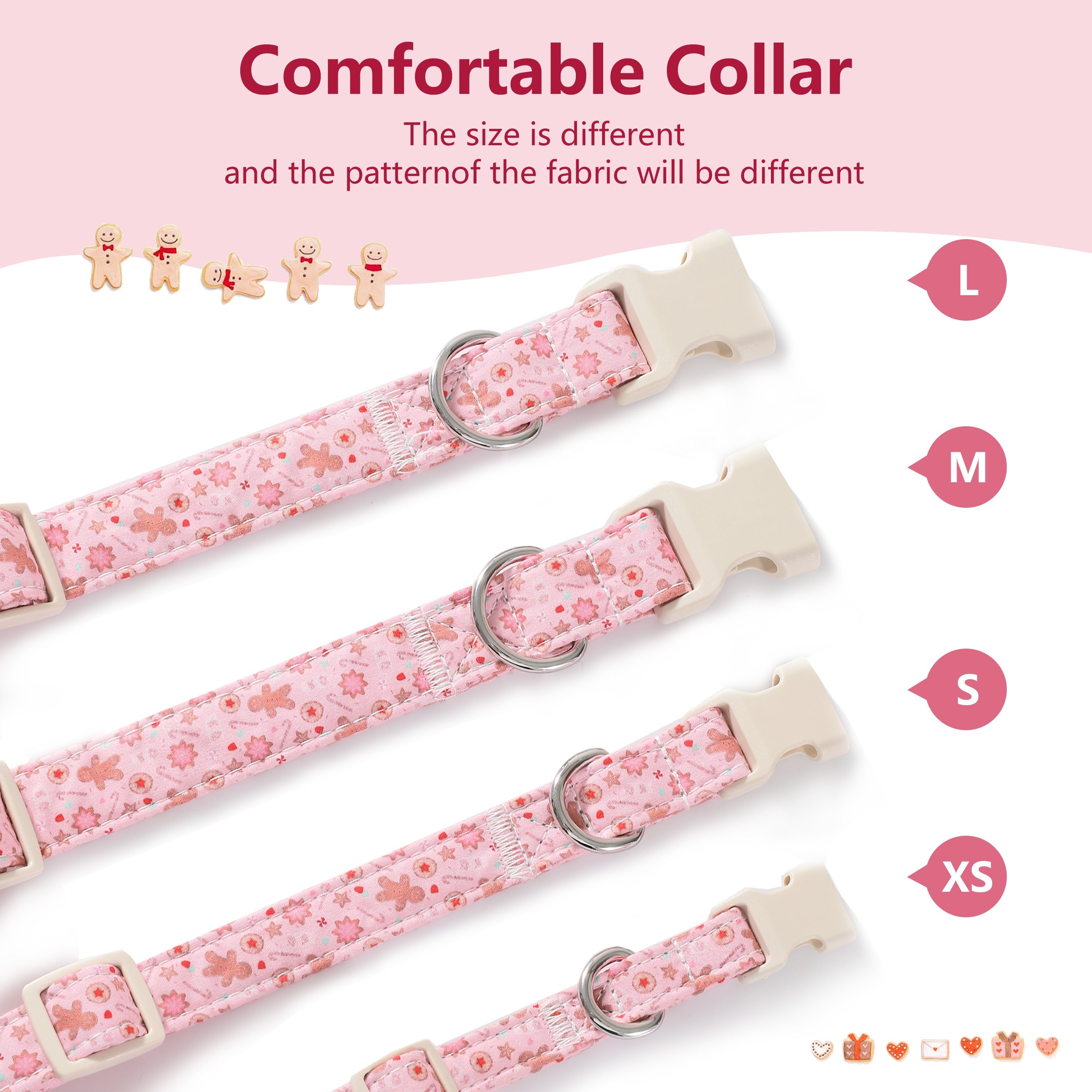 1pc Festive Adjustable Cotton Dog Collar with Cartoon Gingerbread Man Design, Durable Indoor/Outdoor Pet Collar with Beige Plastic Buckle - Christmas Theme