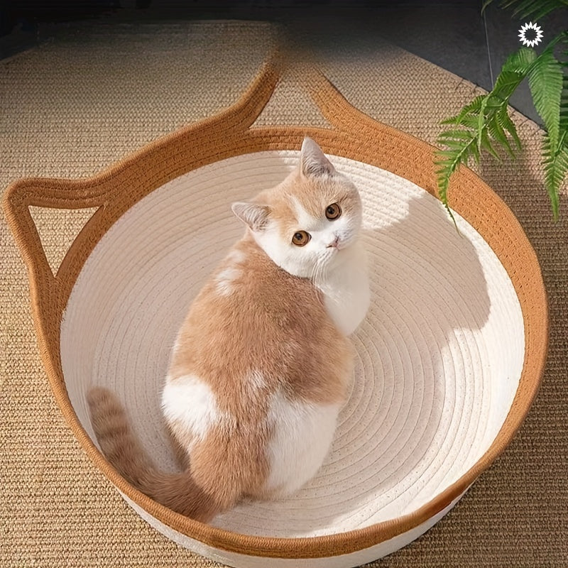 Handwoven Nylon Cat Bed with Cozy Warm Mat, Scratch-Resistant Elevated Basket for Cats, Universal All-Season Pet Furniture