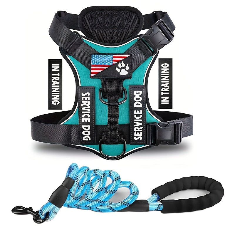 Service Dog Harness, Reflective Dog Vest Harness With 5 PCS Patches, Adjustable Soft Oxford Pet Harness, Inner Layer Mesh, Easy To Control For Small Medium Large Dogs With 59inch Traction Rope