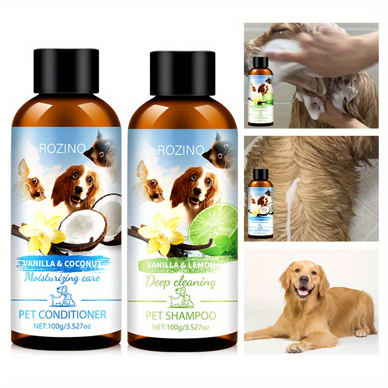 2pcs ROZINO Pet Grooming Set - Gentle, Deep Cleansing & Moisturizing Conditioner and Shampoo for All Dog Breeds (Vanilla & Coconut Milk, Lemon & Mint, 100ml Each)
