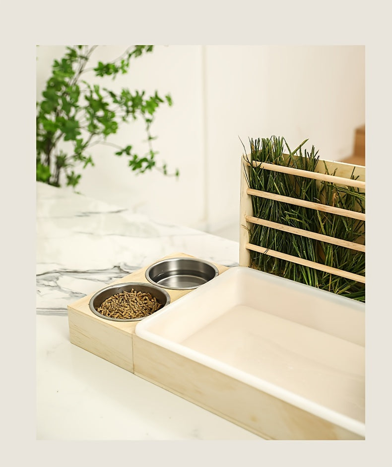 Small Pet Feeding Station with Hay Rack, Cat Litter Box & Dual Bowls - Ideal for Rabbits and Guinea Pigs