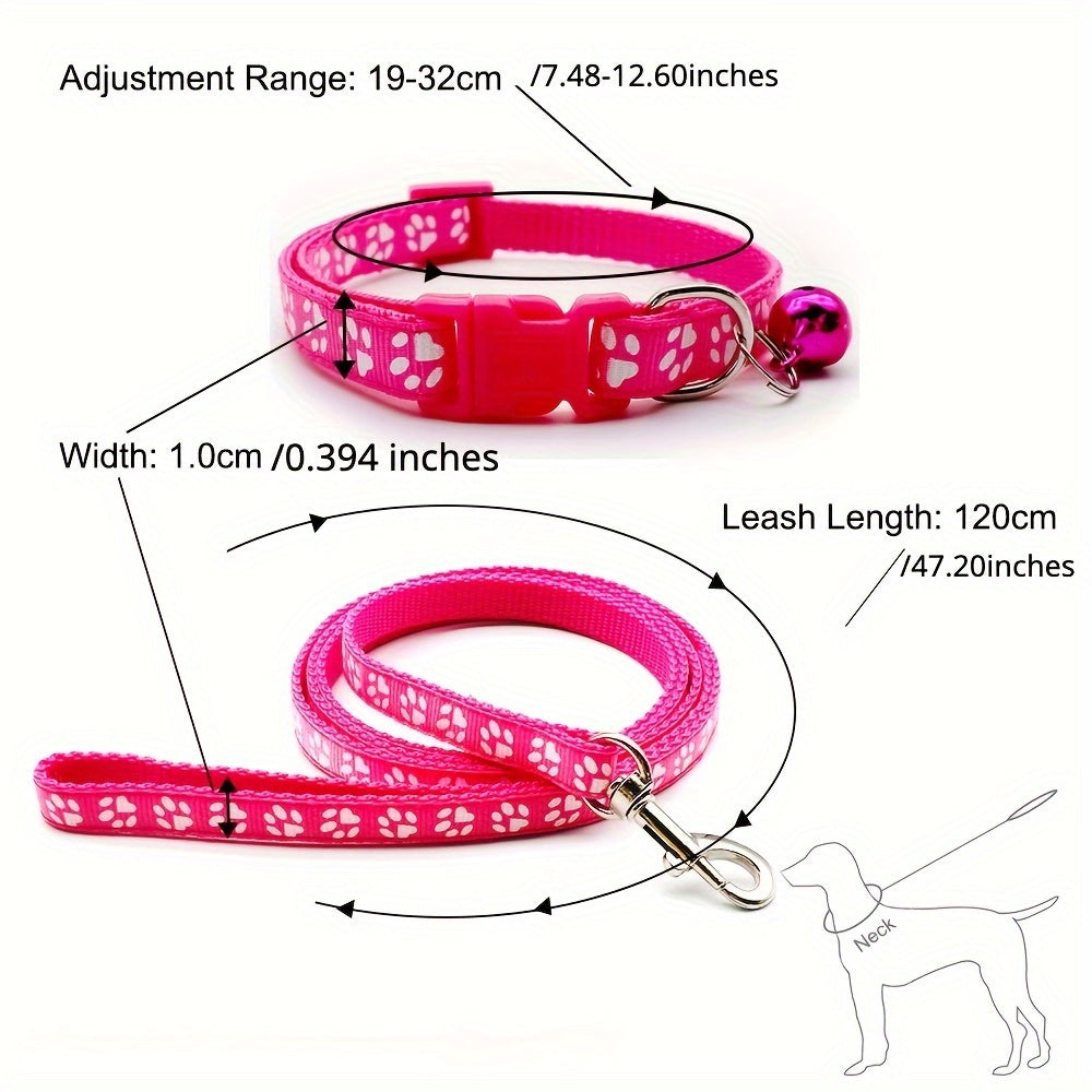 Cute Paw Pattern Nylon Dog Collar - Pet Dog Collar And Leash Set With Bell Long Dog Walking Leash