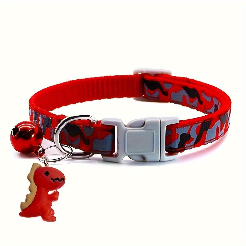 GEKTIMER Adjustable Camo Print Pet Collar with Bell and Cute Dinosaur Charm, Soft Padded Comfortable Design, Ideal Fashion Accessory for Cats, Kittens, and Small Dogs, Polyester Material in Cute Style