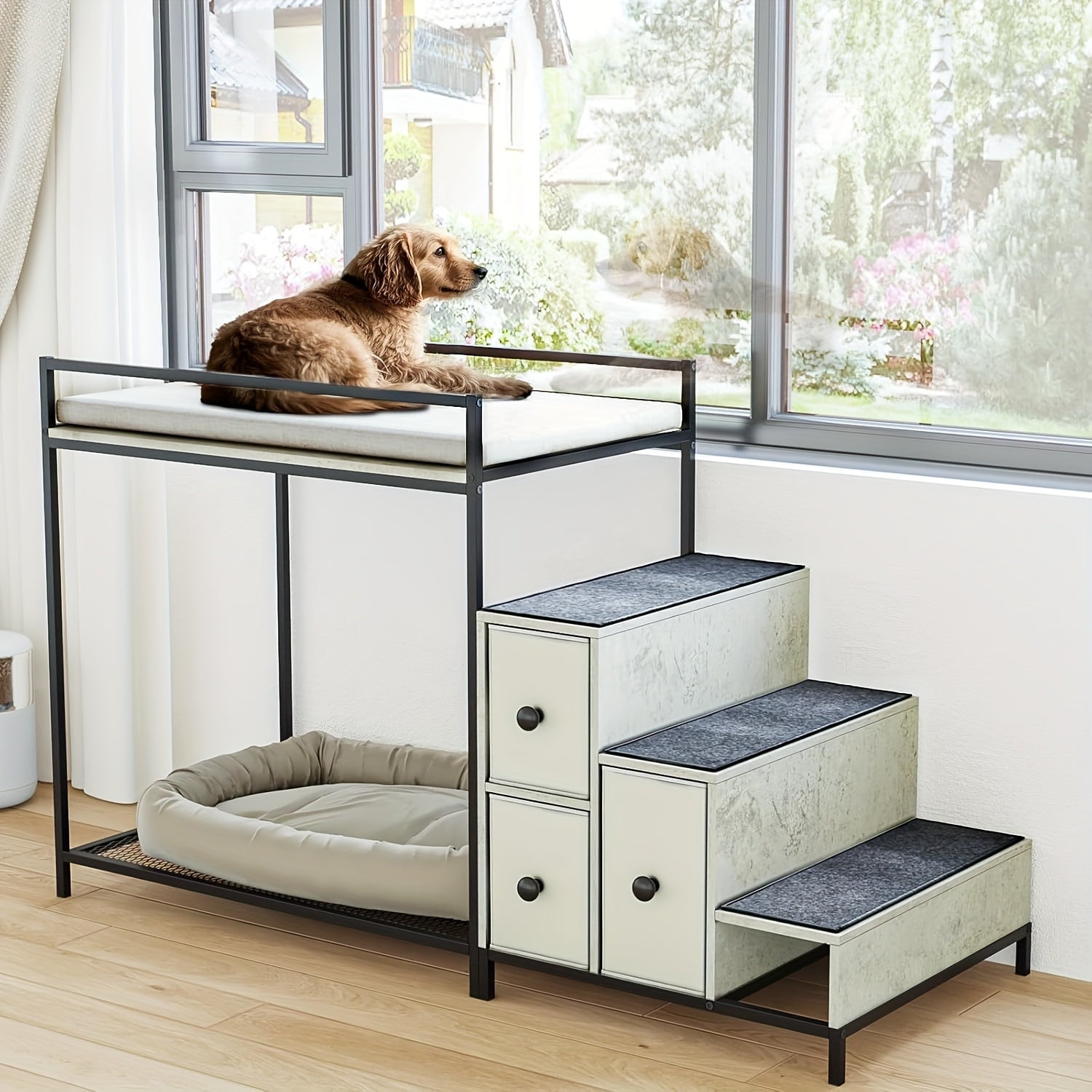 Multi-Level Pet Bunk Bed with Stairs & Storage Drawers - Elevated Dog Bed or Window perch, Sturdy Construction, Space-Saving Design for Small/Medium Dogs - Modern Home Decor Pet Furniture, Engineered Wood Frame, Apartment Pet