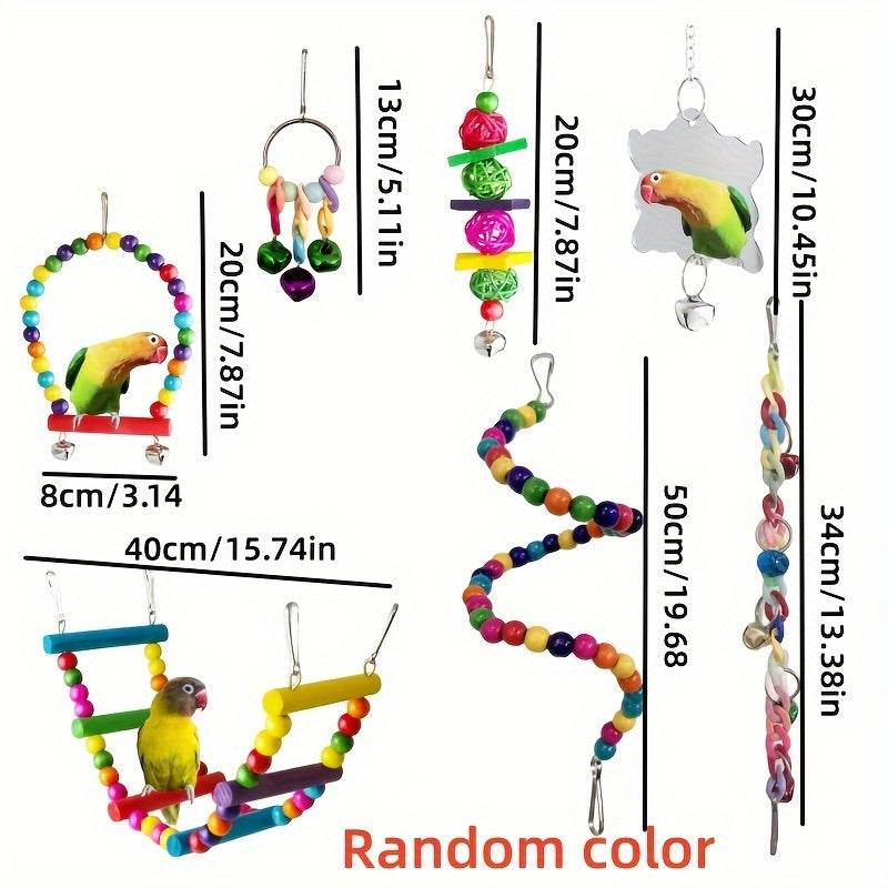 7pcs Bird Toy Set Colorful Pet Parrot Toys Swing Chewing Hanging Cage Toy With Bell Bird Cage Accessories
