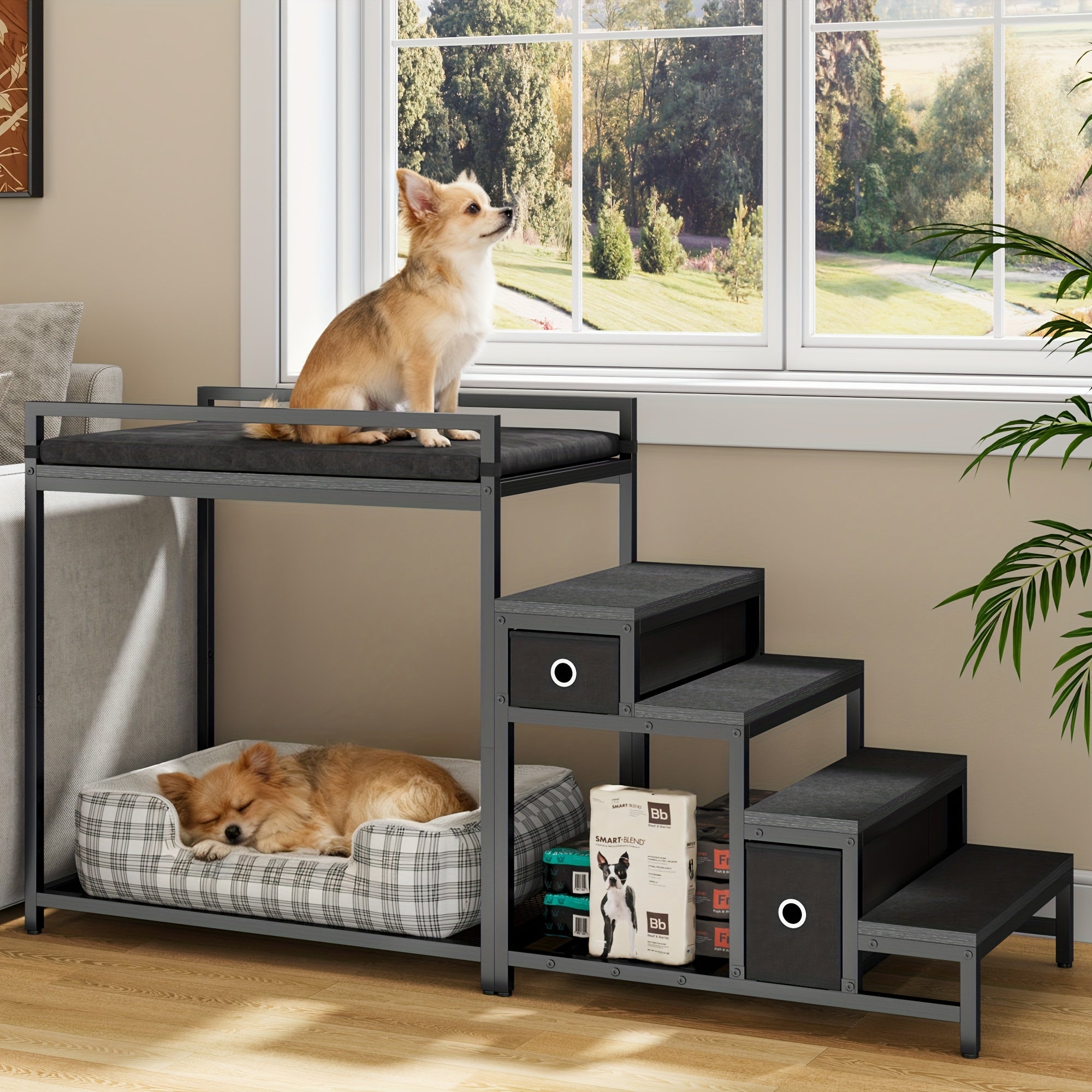 SAUDISM Multi-Level Pet Bunk Bed with Removable Step for Dogs & Cats - Durable Wooden Frame, Cushioned Perch & Window Seat, Indoor Use, Easy Assembly, Black, Perfect for Small to Medium Dogs, Cozy Home Decor, Pet Furniture, M