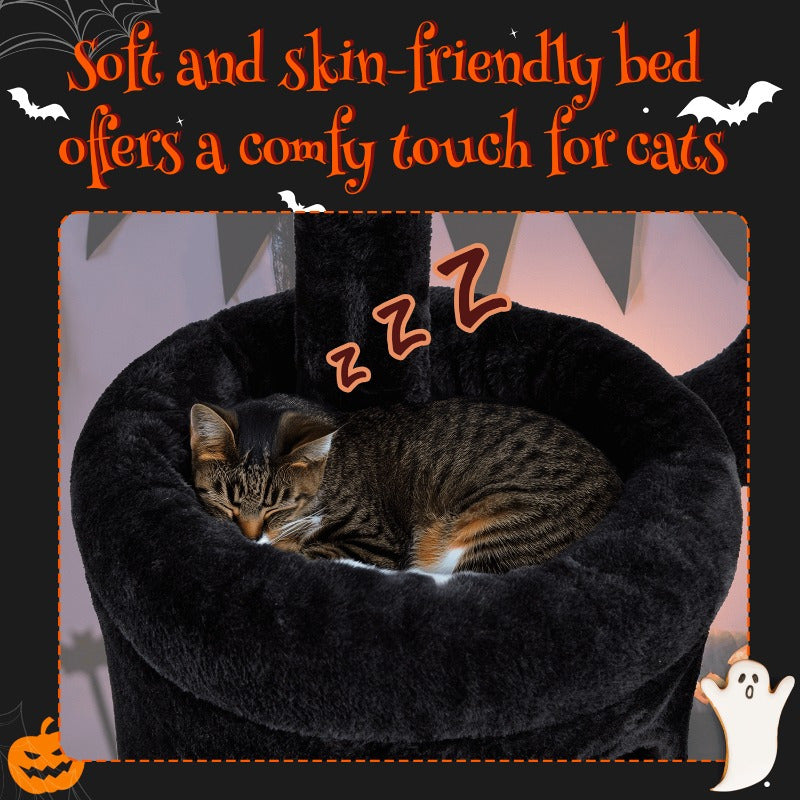 1pc Gothic Iron Cat Tree Tower with Scratching Post, Coffin Bed, and Playhouse - Durable Sisal Rope for Indoor Cats - Halloween-Themed Pet Furniture
