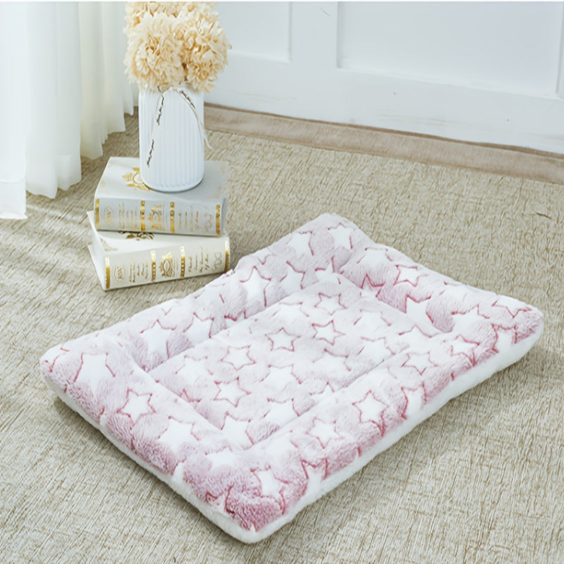 Cozy Plush Dog Mat - Thick, Warm Pet Bed with Geometric Star Pattern, Gray & White, Four Seasons, Polyester Fiber Filling, Ideal for Small to Large Breeds, Dog Sleeping Mat