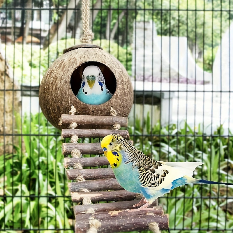 1pc Natural Coconut Bird Cage Hideaway with Ladder, Bird And Small Animal Toy (House with Ladder, Natural Surface)