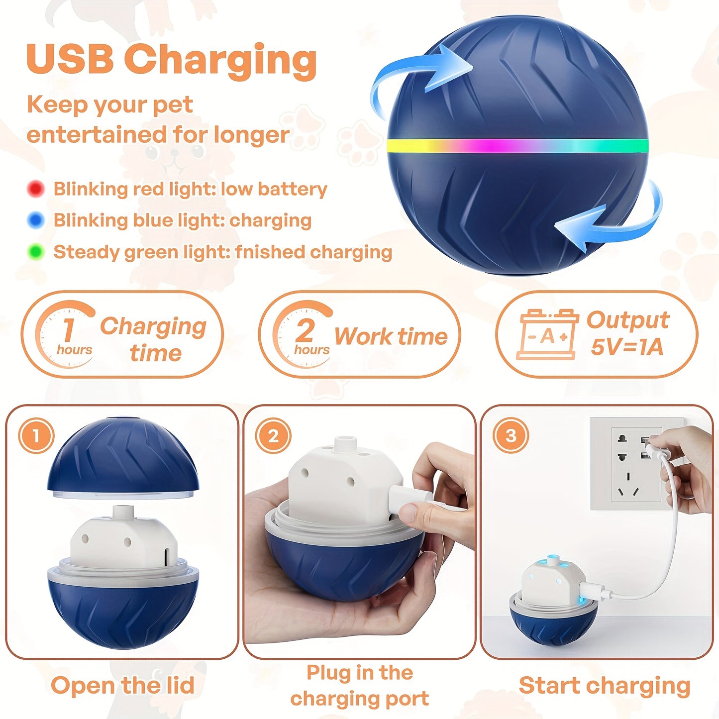 PETGRAVITY Motion-Activated Dog Bouncing Ball, 6. 6cm/2. 62in, USB Rechargeable Lithium Polymer Battery, Interactive Pet Toy for All Breed Sizes, Durable Thermoplastic Rubber, Striped Pattern
