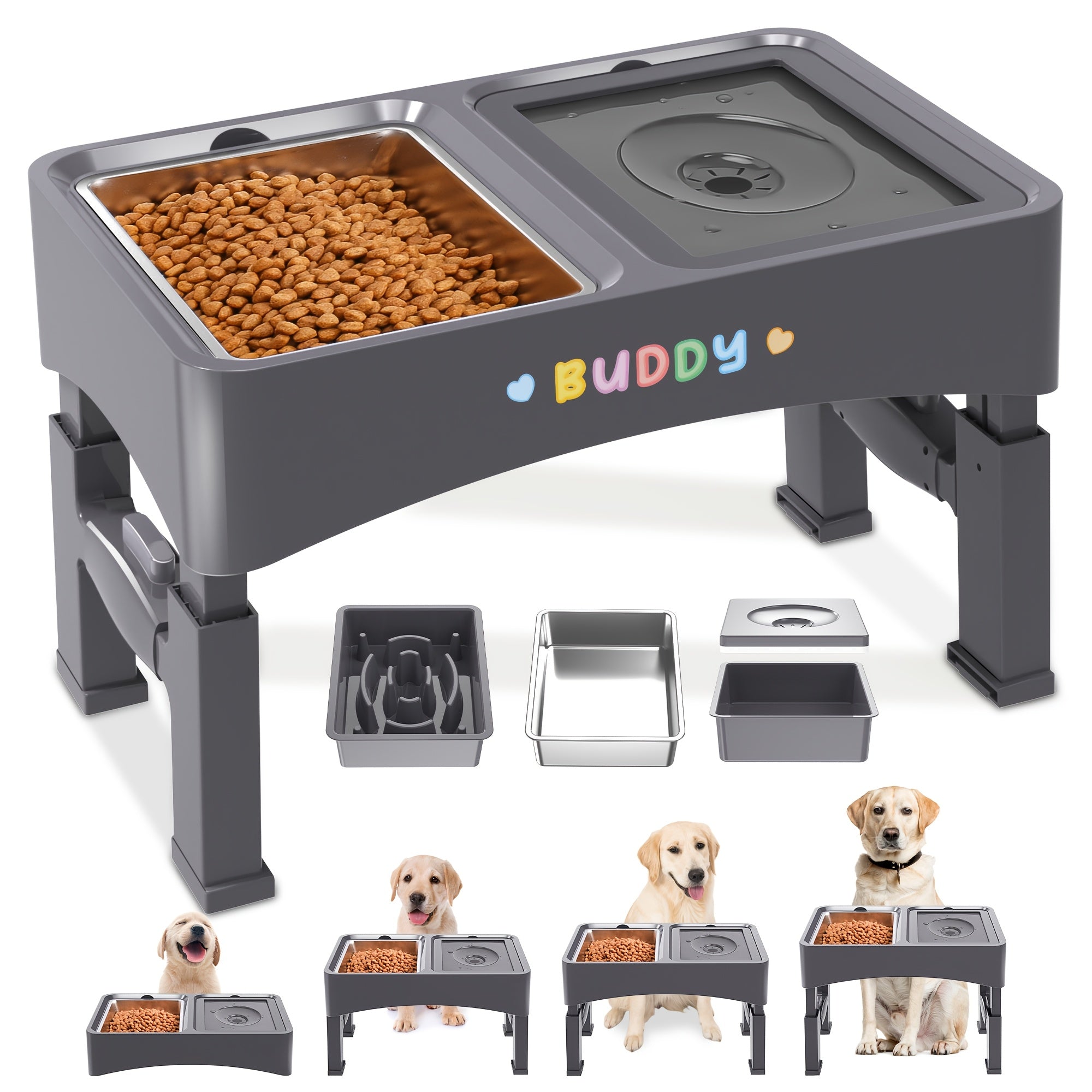 4-Height Adjustable Elevated Pet Feeding Station - Stainless Steel Food Bowls, Slow Feeder & No-Spill Water Bowl Set for Medium & Large Dogs - Neck Protection