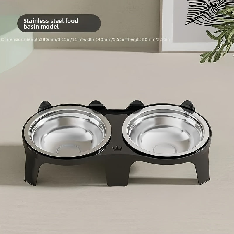 Stainless Steel -Tipping Double-Bowl Cat & Dog Food Feeder - Large Capacity Spill-Proof Design with 15° Slant Mouth & -Skid Base, Detachable Washable Durable Plastic-Like Edges, Ideal for Multi-Cat Households (Easy-Clean Pet