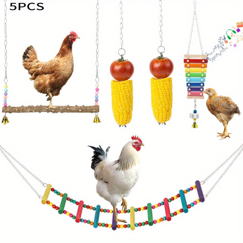 5pcs Chicken Toys for Coop Accessories | Chicken Xylophone | Chicken Swing Perch | Chicken Flexible Ladder | Chicken Vegetable Fruit Hanging Feeders Chicken Enrichment for hens in Coop Bird Parrot