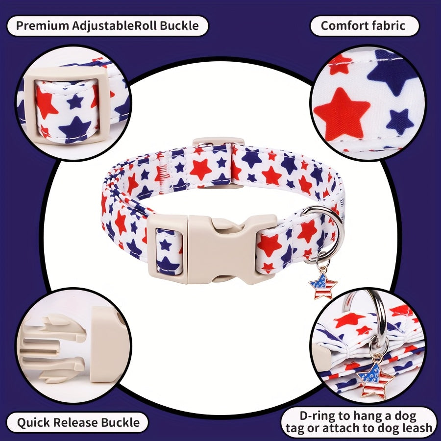 Patriotic American Flag Dog Collar, Adjustable Polyester Pet Collar with Star Pattern, Quick Release Buckle, Festive 4th of July Accessory for Small Dogs
