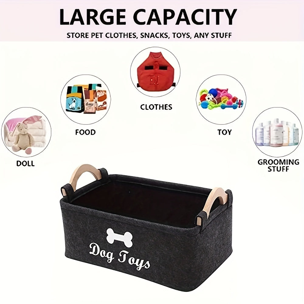 OPETEE Foldable Fabric Pet Toy Storage Basket Organizer with Bone Pattern & Wooden Handles - Spacious Easy-to-Clean Dog Toy Chest for Blankets, Leashes, Puppy Clothing - Dark Grey Clutter-Free Home Decor, Home Pet Organizer |