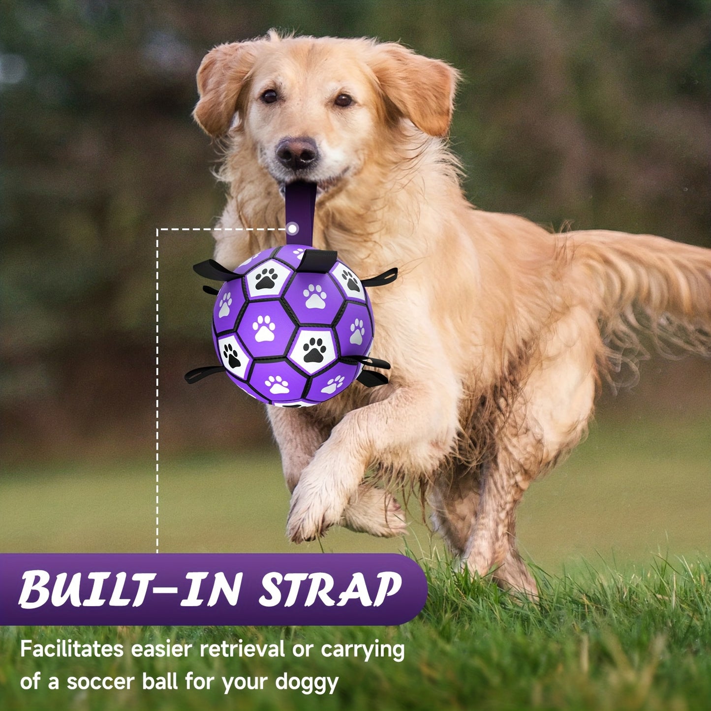 Durable Rubber Dog Soccer Ball with Straps - Interactive Chew-Resistant Pet Toy for All Breed Sizes, Purple & Black with Paw Print Design, Indoor/Outdoor Play & Training, Dog Ball Toy, Large Surface Area