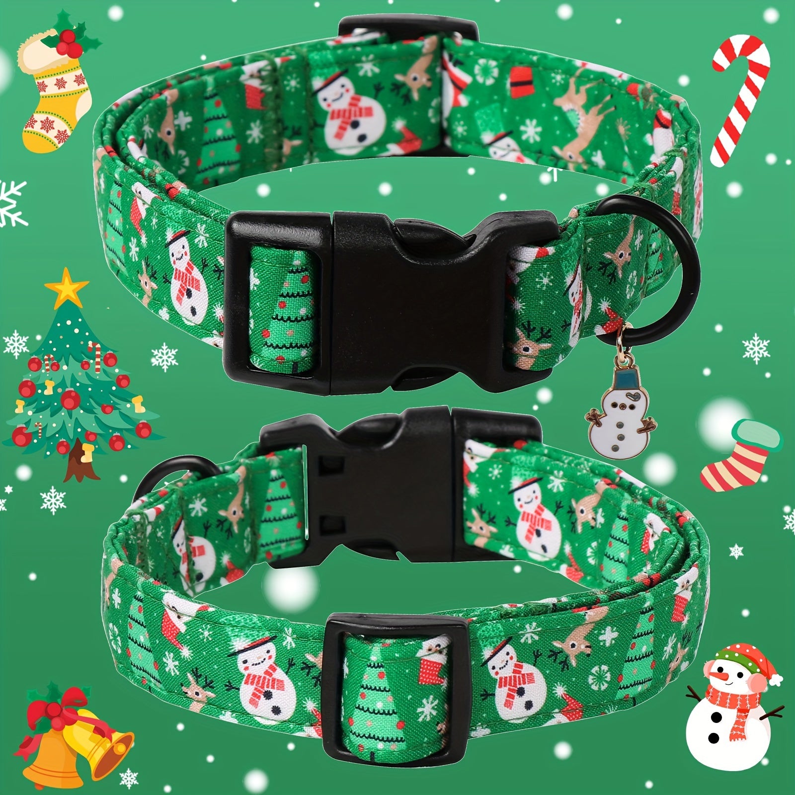 Festive Christmas Dog Collar with Santa & Snowman Prints - Adjustable, Soft Cotton Pet Collar for Small to Large Breeds - Includes D-Ring for Leash Attachment