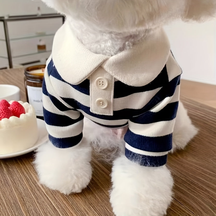 Cozy Striped Dog T-Shirt with Leash Attachment - Soft Knit Pet Apparel for All Seasons, White & Navy Blue, Small to Large Breeds, Machine Washable, Dog Clothes