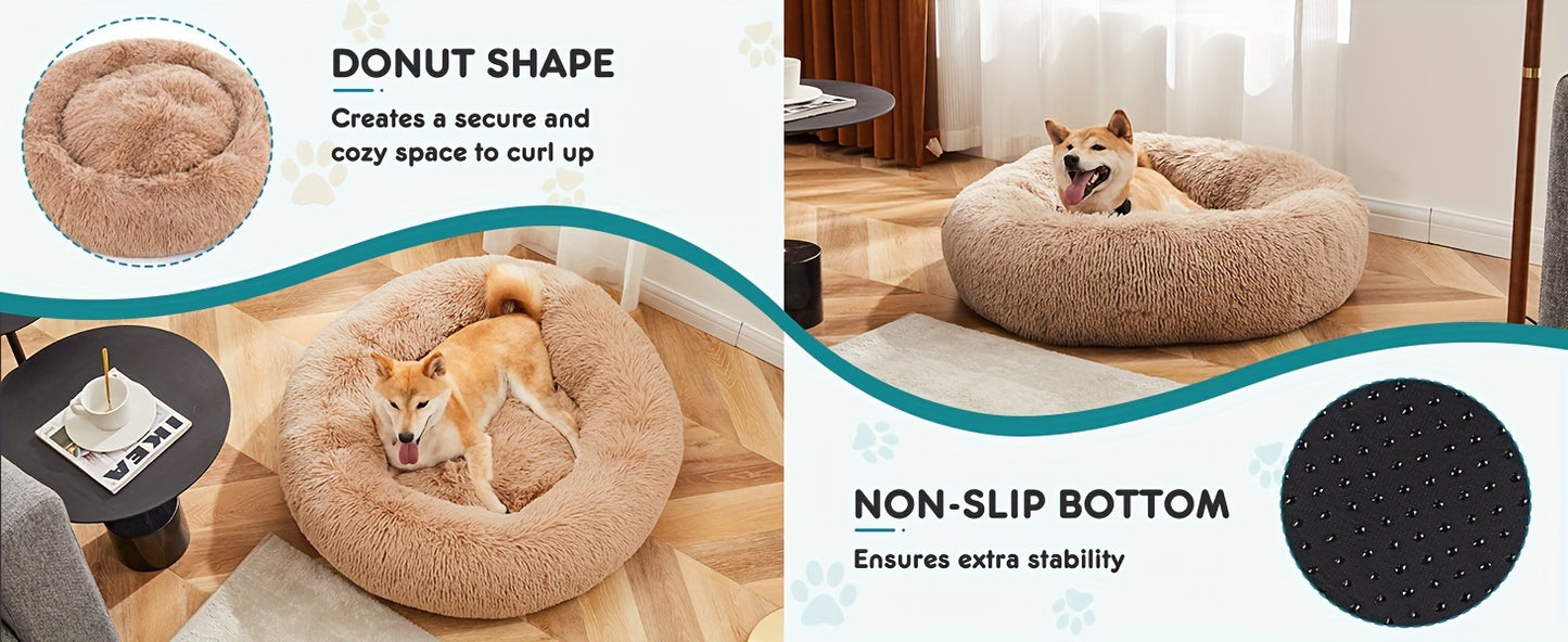 Fluffy Plush Calming Pet Bed For Dogs And Cats - Washable Anti-Slip Round Bed For Pets - Brown Color