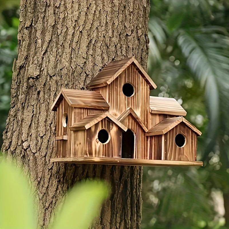 Wooden Hummingbird House - Rustic Solid Wood Birdhouse Decor - Outdoor Garden Villa Style Bird Nesting Box For Small Birds