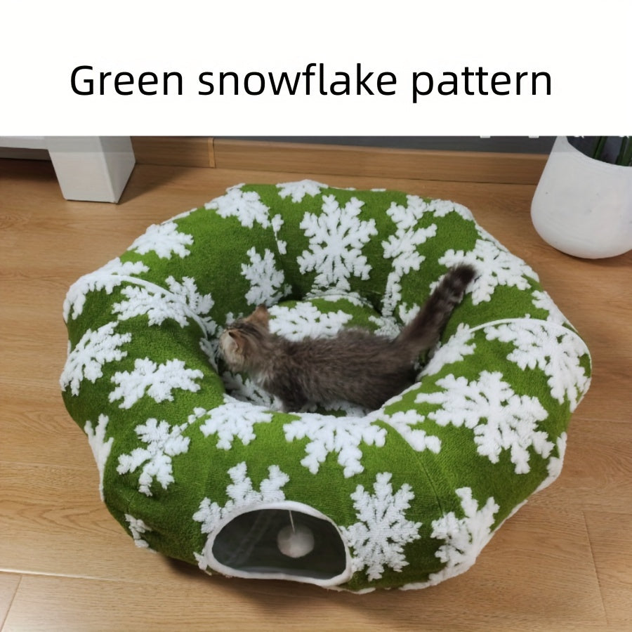 Christmas Cat Tunnel & Bed - Extra Large 37.01in Plush Warm Cozy Cat Bed with Expandable Donut, Snowflake Pattern, Holiday Theme, Anxiety Relief, Indoor Use, Red & Green, Cat Bed for Indoor Cats, Festive Pet Furniture, Playfu