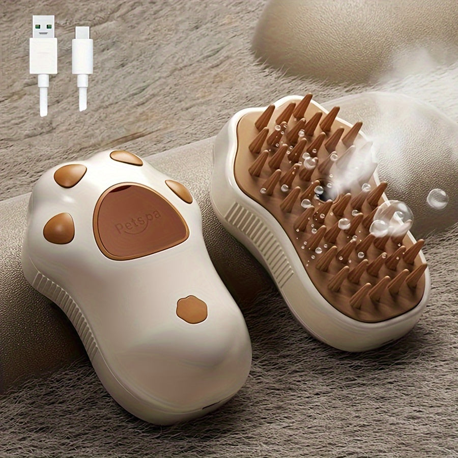 1pc, Steam Cat Brush, 3-in-1 Electric Pet Grooming Tool, Portable Silicone Self-Cleaning Steam Brush For Cats And Dogs, Comfort Massage & Hair Removal, Hair Care, Paw Design