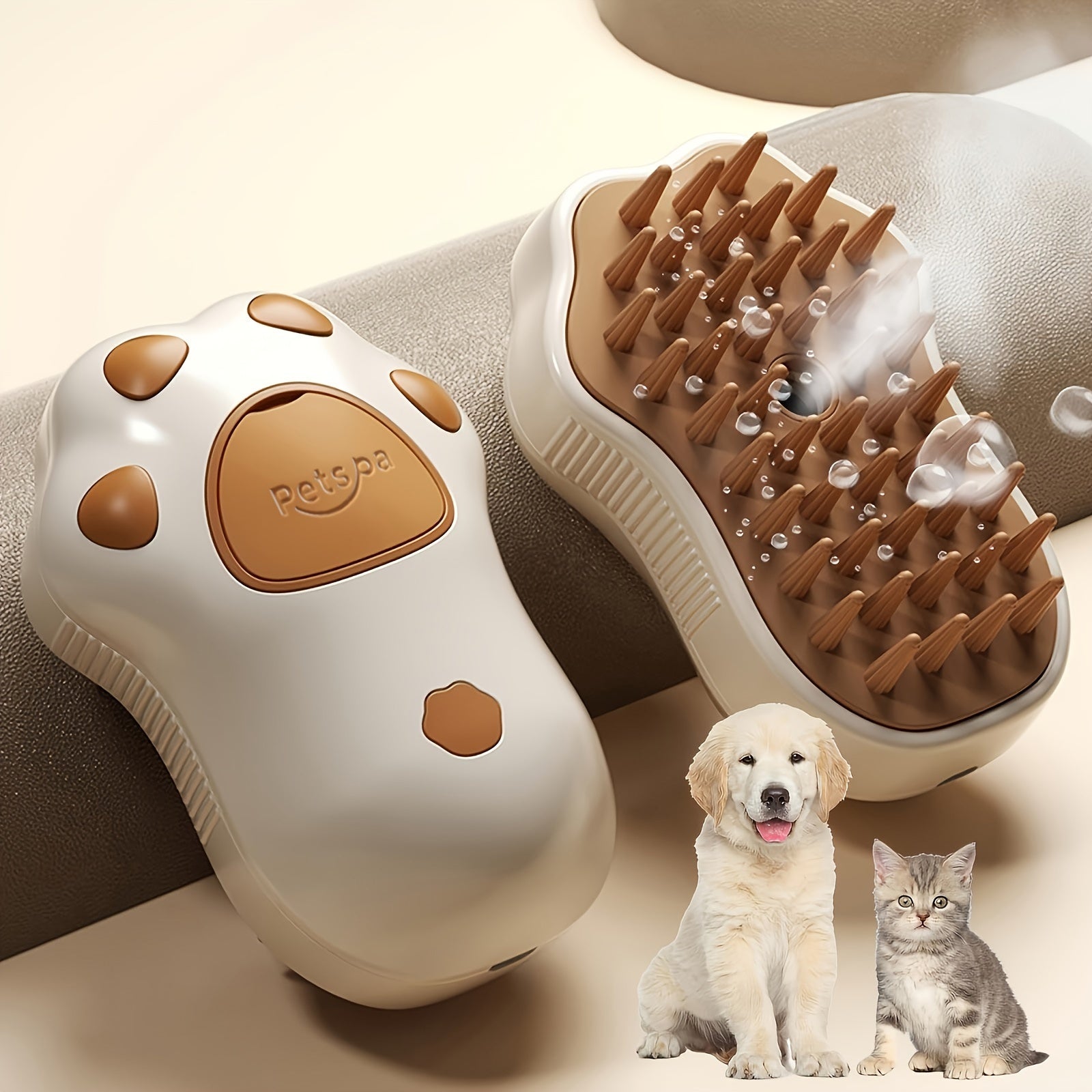 3-in-1 Self-Cleaning Steam Cat Brush - USB Rechargeable Pet Grooming Tool with Comfort Massage, Hair Removal & Nail Trimming Features for Cats and Dogs, Paw-Shaped Silicone Bristles