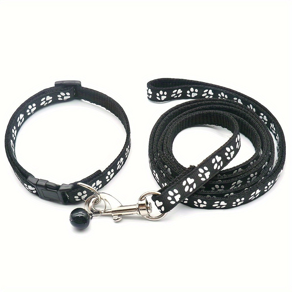 Cute Paw Pattern Nylon Dog Collar - Pet Dog Collar And Leash Set With Bell Long Dog Walking Leash