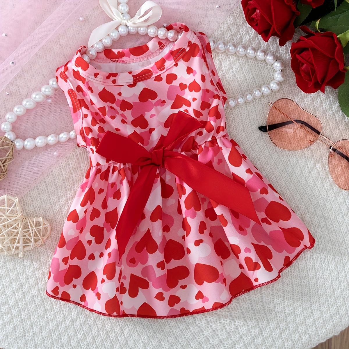 Valentine's Day Pink Heart Pattern Dog Dress with Bow, Cute Pullover Pet Apparel for Small & Mini Breeds, Woven Polyester 95% Spandex 5%, Suitable for Spring, Summer, Fall, Series, Skirt