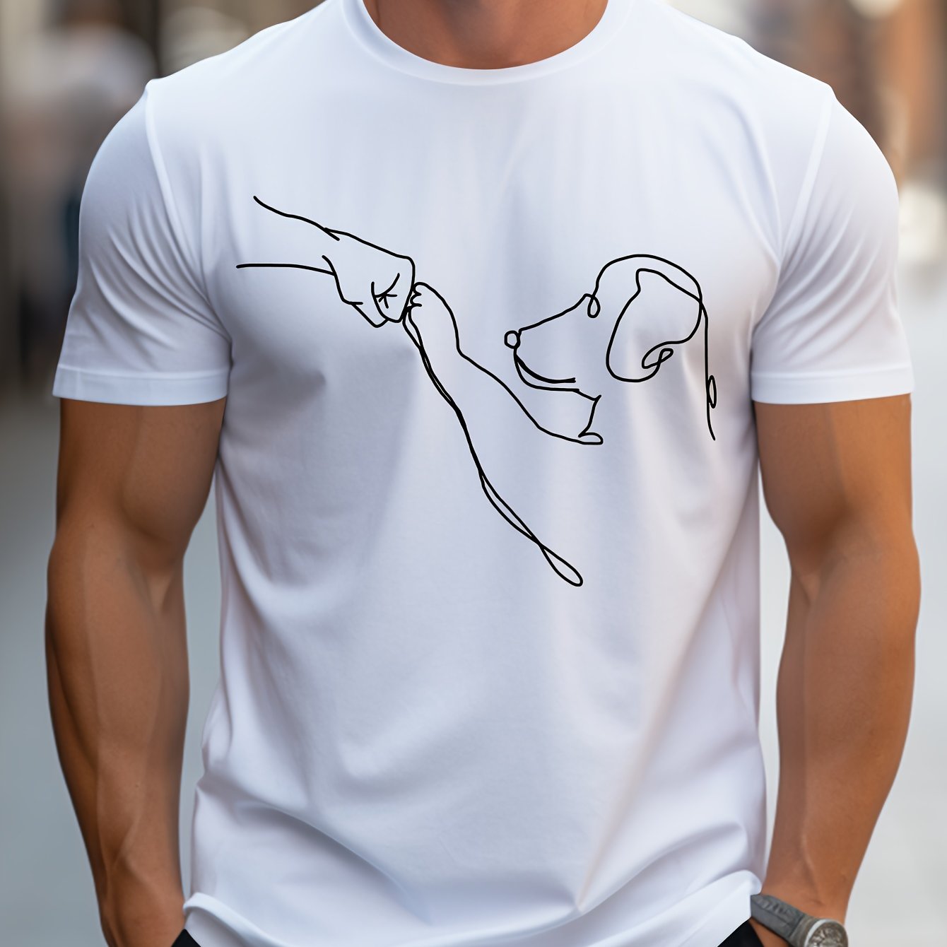 Men's Line Art Dog Print T-Shirt: Poop Scooper Exclusive! Super Cute Hand-Drawn Puppy Sketch, Minimalist Pet Interaction Design – Adorable Paw Print & Leash Graphic Tee