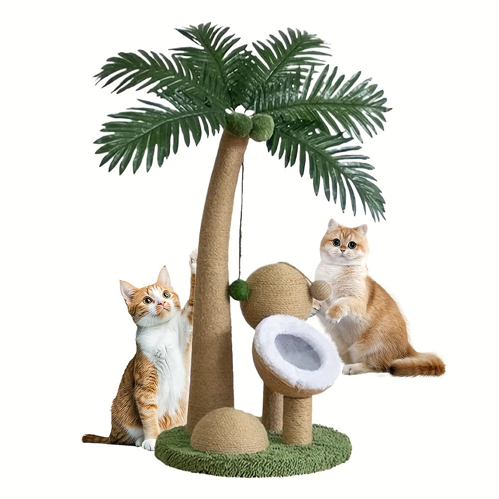 33 Inch Large Cat Scratching Post - Curved Palm Tree Design with Sisal Scratching Posts, 3 Interactive Balls & Dangling Toy, Sturdy Base & Anti-Topple for Climbing, Napping, Indoor Cats, Feline Enrichment, Playful Pet Furnitu