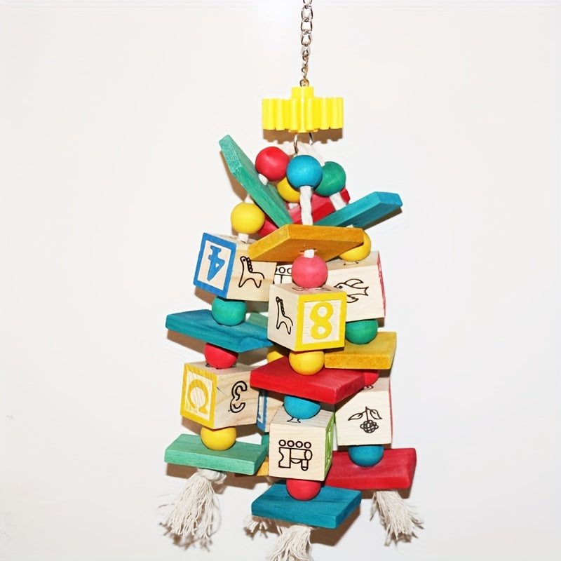 Wooden Bird Chewing Toy with Letter Blocks, Colorful Parrot Swing Hanging Toy, Durable Wood Material for Pet Birds