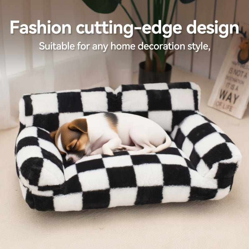 All-Season Pet Sofa Bed - Plush Polyester Cushioning, Black & White Checkerboard Pattern - Soft Warm Bed for Cats, Small Dogs, Indoor Use - Easy-Clean Pet Furniture for Living Room, Bedroom Decor, Cozy Design, Softcushioned S