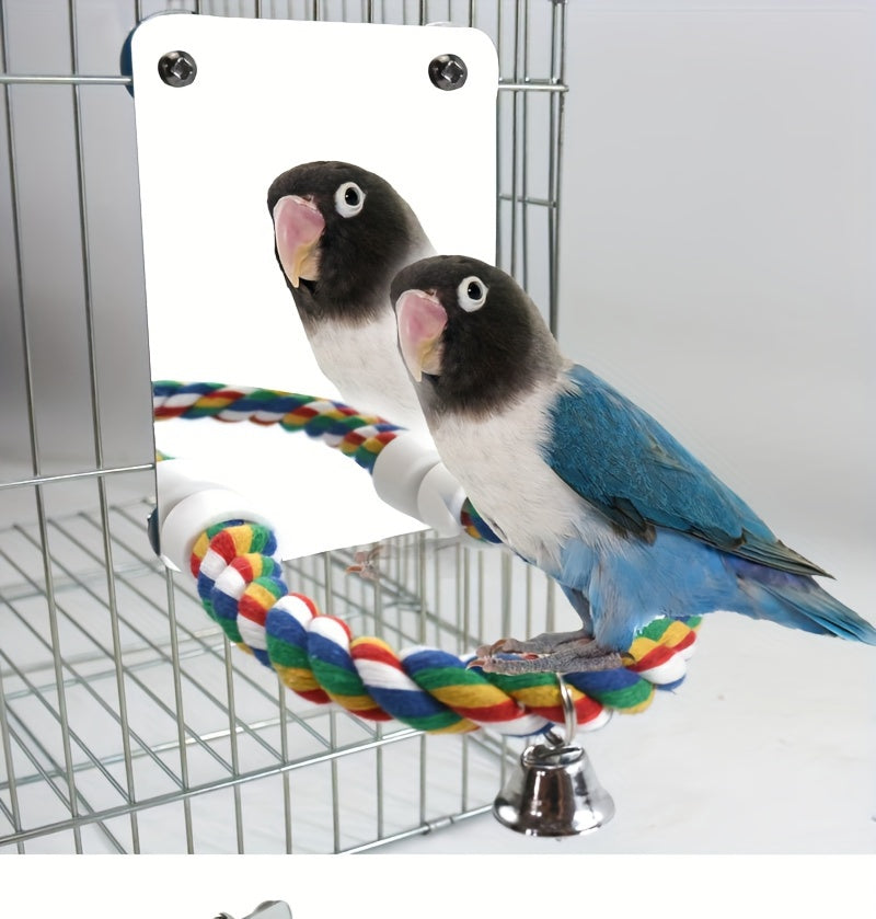 Interactive Parrot Mirror Toy with Chewable Rope Perch - Acrylic Bird Play Station for Cage