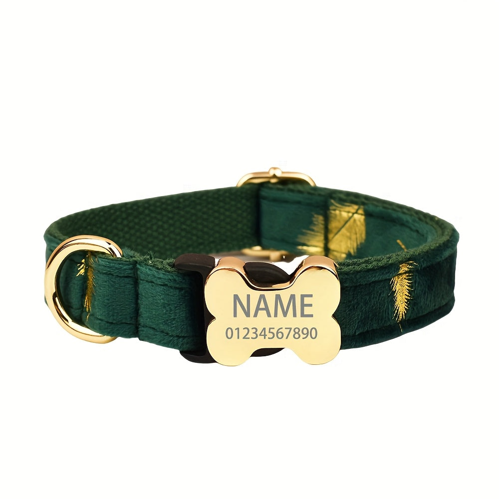 Personalized Cute Green Star Feather Pet Collar with Metal Bone Buckle, Customizable Name and Phone Number ID Tag for Large/Medium/Small Dogs - Soft, Comfortable, Adjustable & Durable Accessory - The Perfect Gift for Your Pet